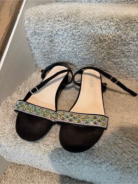 Black Beaded Ankle-Strap Sandals